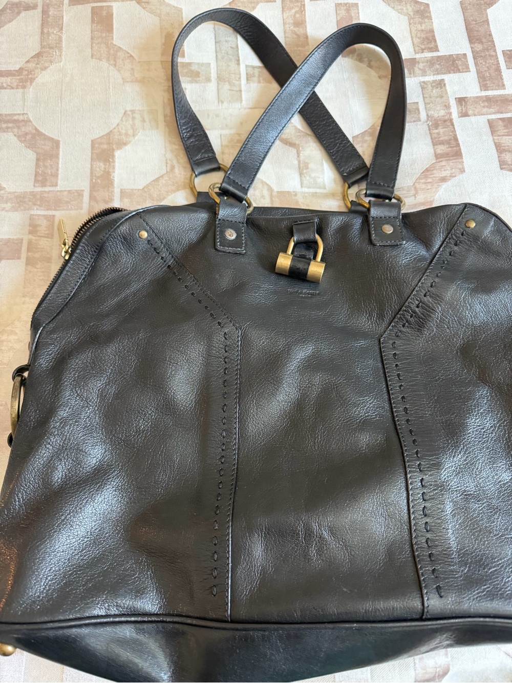 YSL Muse Black Leather Tote Bag with Gold Accent